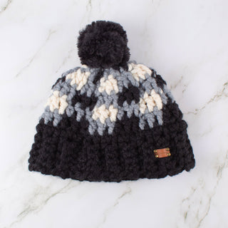 Pom Satin Lined Winter Hat -  Buffalo Plaid  in Black, Gray, and White