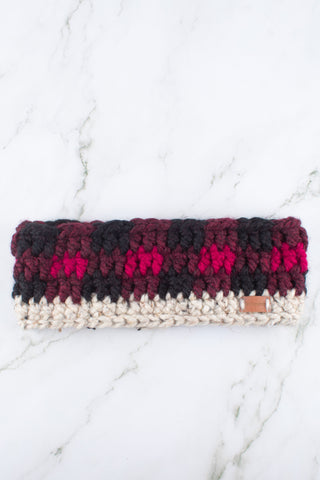 Satin lined winter headband in buffalo plaid. Red and Black.