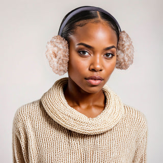 Woman wearing faux fur earmuffs in brown and white.