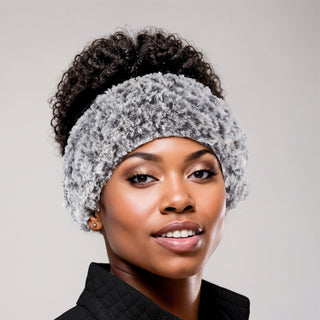 Faux Fur Satin Lined Winter Headband in Gray and Black