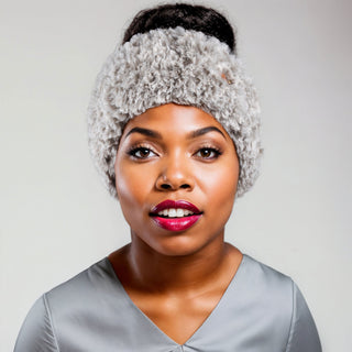 Faux Fur Satin Lined Winter Headband in Gray and White