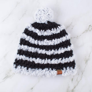 Faux Fur Trimmed Hat - Satin Lined - Black and White