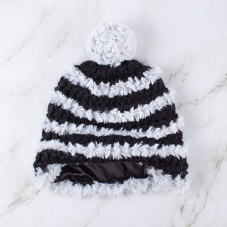 Pom Satin Lined Winter Hat - Faux Fur Trimmed - Black | White