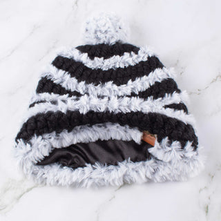 Pom Satin Lined Winter Hat - Faux Fur Trimmed - Black | White