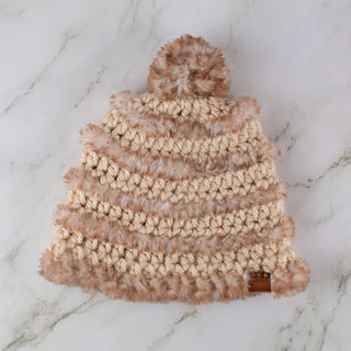 Pom Satin Lined Winter Hat - Faux Fur Trimmed - Beige and Brown