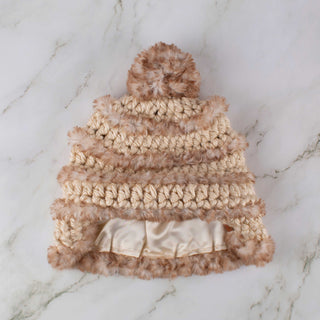 Pom Satin Lined Winter Hat - Faux Fur Trimmed - Beige and Brown