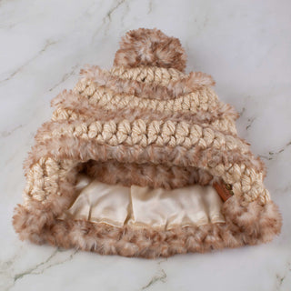 Pom Satin Lined Winter Hat - Faux Fur Trimmed - Beige and Brown