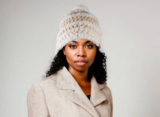 Pom Satin Lined Winter Hat with White Faux Fur Pom and Trim