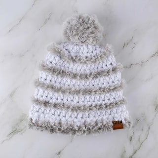 Pom Satin Lined Winter Hat - Faux Fur Trimmed - White | Gray