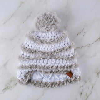 Pom Satin Lined Winter Hat - Faux Fur Trimmed - White | Gray