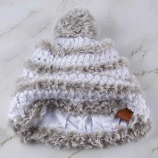 Pom Satin Lined Winter Hat - Faux Fur Trimmed - White | Gray