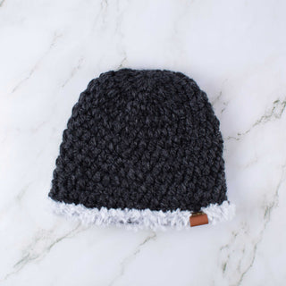 Satin Lined Winter Hat - Faux Fur Trim - Charcoal | White