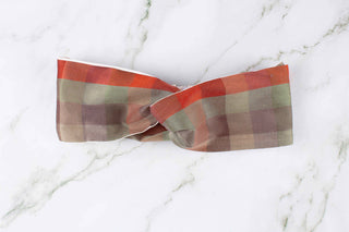 Plaid Silk Turban Headband in Rust, Sage, and Green