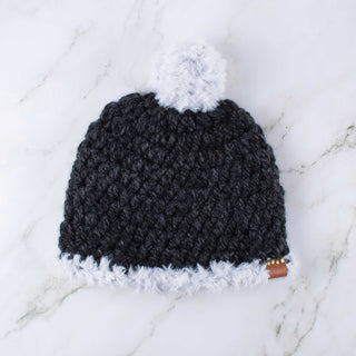 Pom Satin Lined Winter Hat - Faux Fur Trim - Charcoal | White