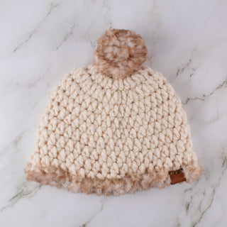 Pom Satin Lined Winter Hat - Faux Fur Trim - Cream and Brown