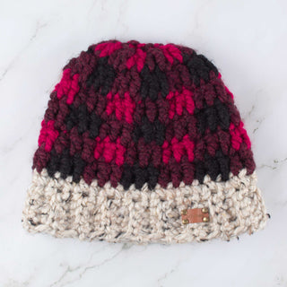 Satin lined winter hat in red and black buffalo plaid