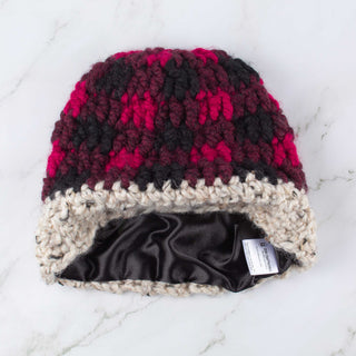 Satin lined winter hat in red and black buffalo plaid