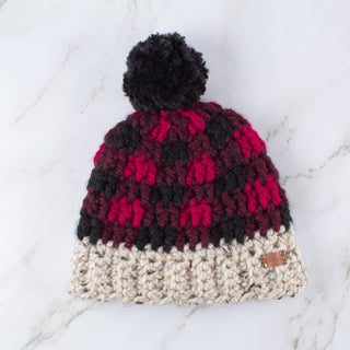 Pom Satin Lined Winter Hat -  Buffalo Plaid  in Red and Black