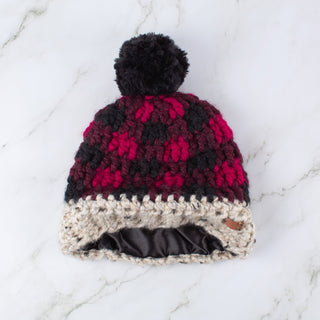 Pom Satin Lined Winter Hat -  Buffalo Plaid  in Red and Black