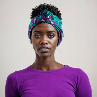 Woman with natural hair wearing a satin lined headband in purple, turquoise, navy blue, and white.