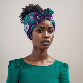 Woman with natural hair wearing a satin lined headband in purple, turquoise, navy blue, and white.