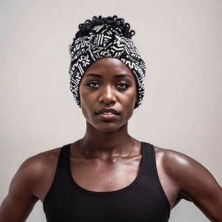 Woman with natural hair wearing a satin lined headband in black and white.