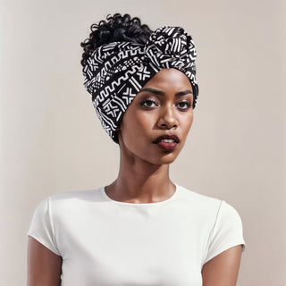 Woman with natural hair wearing a satin lined headband in black and white.