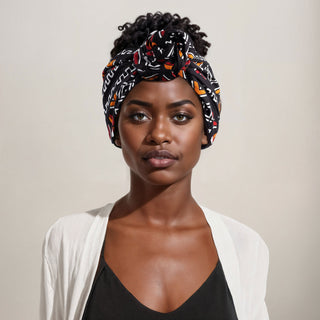 Woman with natural hair wearing a satin lined headband in black, white, maroon, and orange.