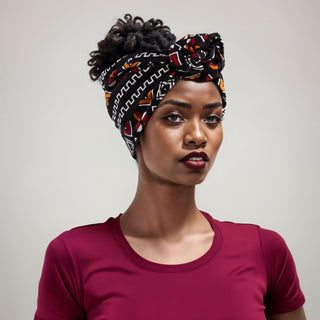 Woman with natural hair wearing a satin lined headband in black, white, maroon, and orange.