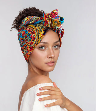 Woman with natural hair wearing a satin lined headband in orange, blue, and red.