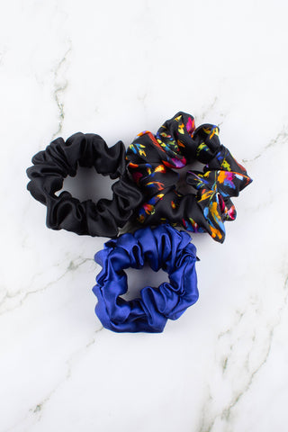 Satin Scrunchies Set | Black,  Royal Blue, and Floral