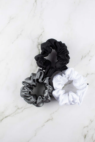 Satin Scrunchies Set | Black, Gray, and White