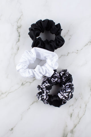 Satin Scrunchies Set | Black, Black & White Floral Print, and White