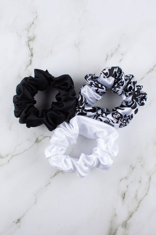 Satin Scrunchies Set | Black, White & Black Floral Print, and White