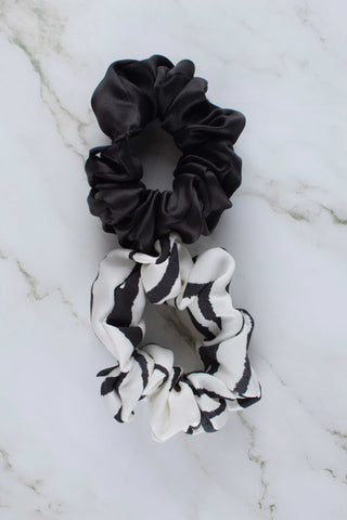 Silk Scrunchies Set | Black and Zebra Print