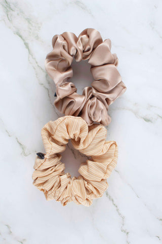 Silk Scrunchies Set - Taupe, Tan, and Beige | Striped